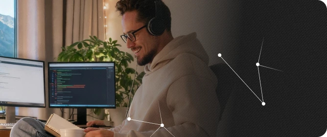 Jovem com auscultadores a ler um livro, com dois ecrãs de computador ao fundo