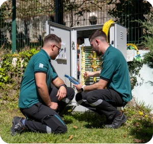 Dois trabalhadores realizando manutenção num equipamento